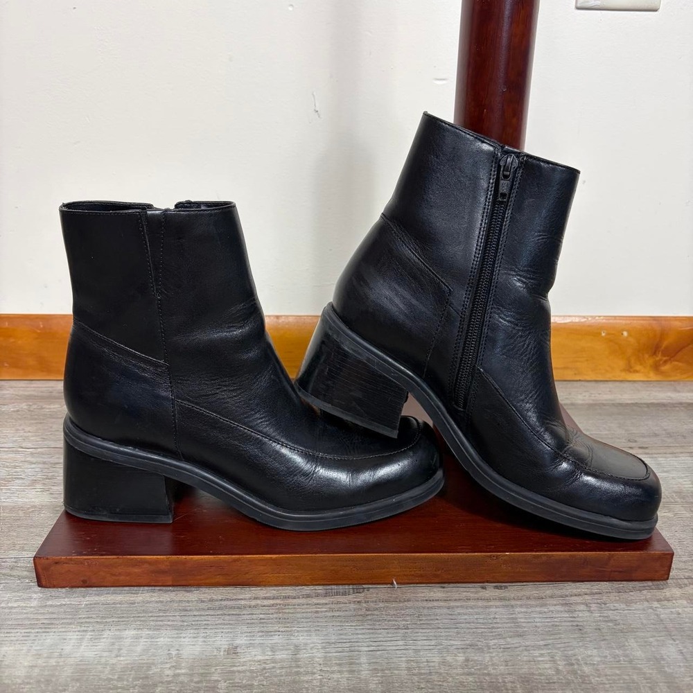 Y2k Diba Leather Chunky Block Heel Square Toe Boots 8 Grunge Academia Black